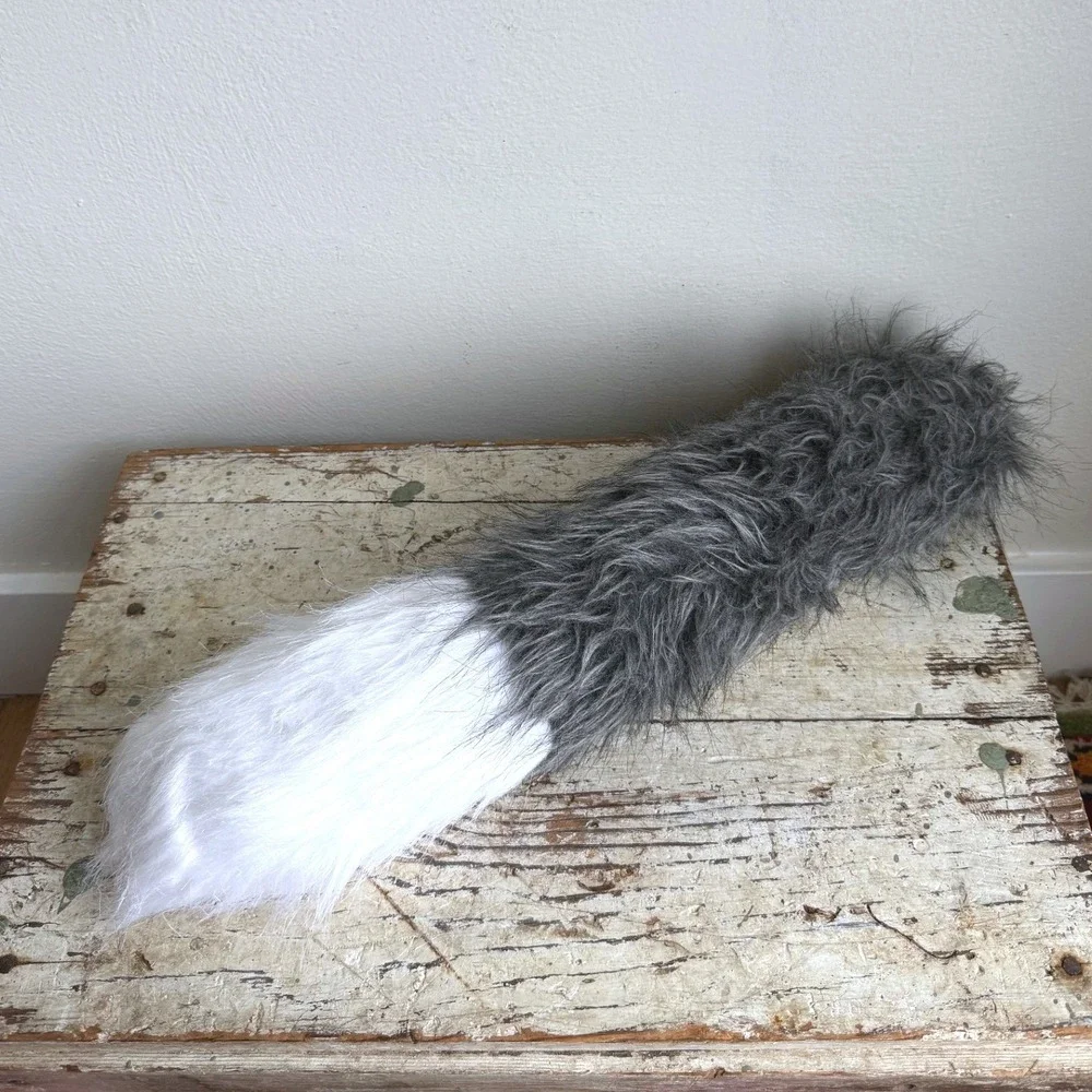 Grey White Faux Fur Animal Tail Costume Cosplay Accessory 21 Inch